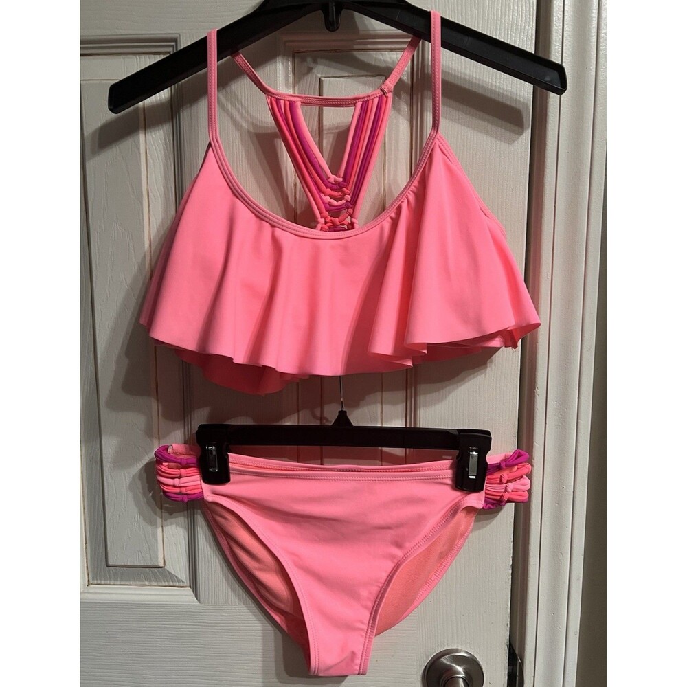 ENDLESS SUN JUNIORS XL 15-17 CORAL PINK RUFFLE BIKINI 2 PIECE STRAPPY SWIMSUIT